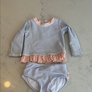 Seersucker two piece bathing suit.